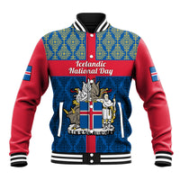 Blue baseball jacket with red sleeves, ribbed collar, button front, Iceland crest graphic