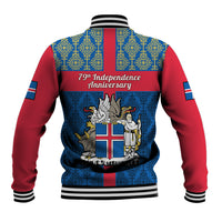 Back of blue baseball jacket with red sleeves, ribbed trim, "79th Independence Anniversary" print