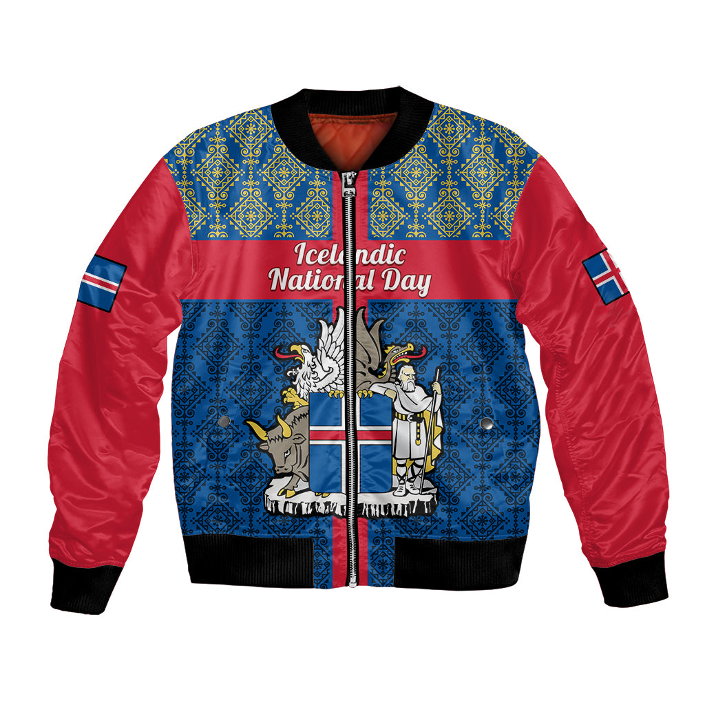 Blue and red unisex bomber jacket with Icelandic crest graphic and ribbed cuffs