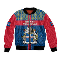 Blue and red unisex bomber jacket with Icelandic crest graphic and ribbed cuffs