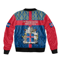 Blue and red unisex bomber jacket with Icelandic coat-of-arms graphic and ribbed cuffs