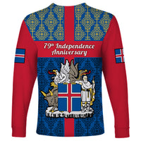 Unisex long sleeve shirt with blue folk pattern, red sleeves, Independence Anniversary Iceland graphic.