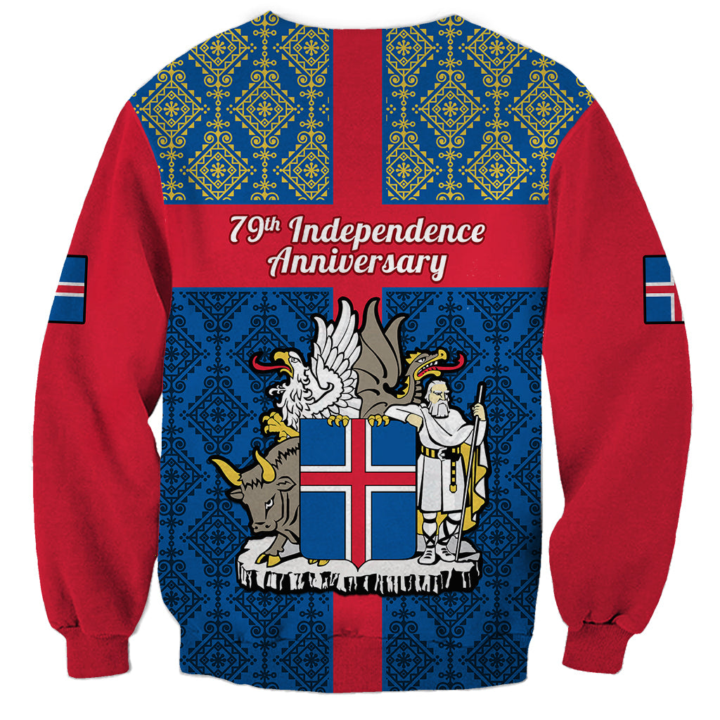 Unisex sweatshirt with blue folk pattern and red sleeves; "79th Independence Anniversary" print