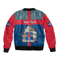 Back blue and red bomber jacket with Iceland crest and 'Your Text' banner