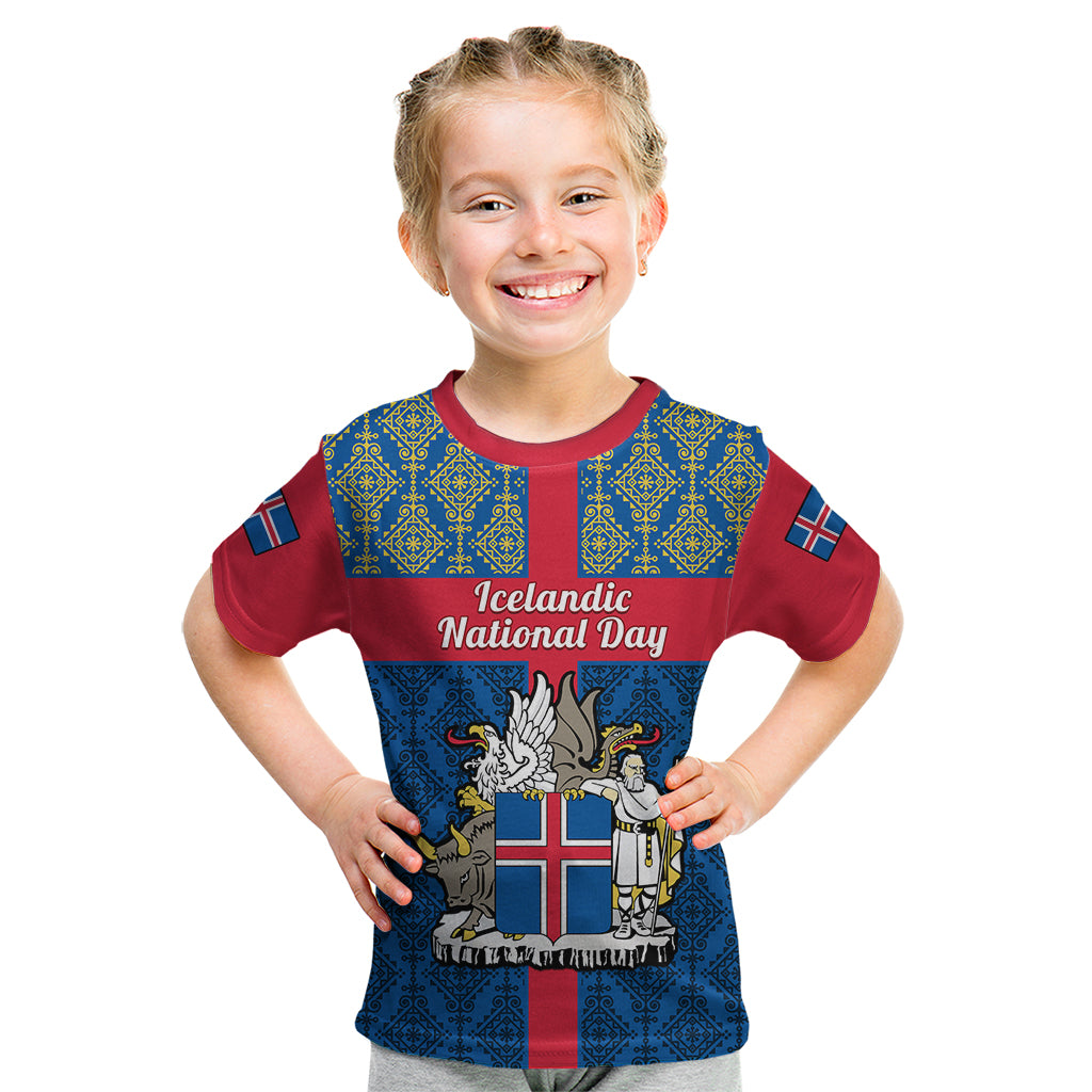 Personalised 17 June Iceland National Day Kid T Shirt Icelandic Folk Pattern - Wonder Print Shop