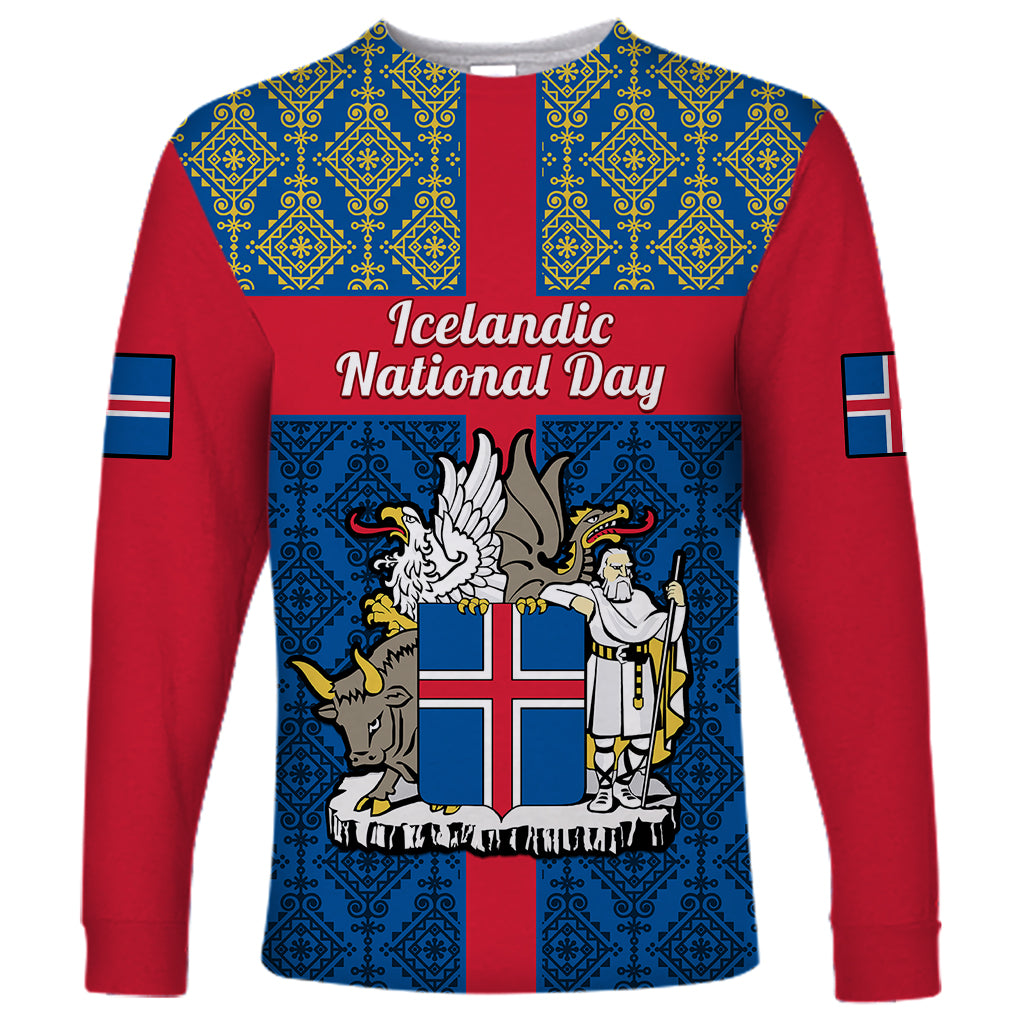 Personalised 17 June Iceland National Day Long Sleeve Shirt Icelandic Folk Pattern - Wonder Print Shop