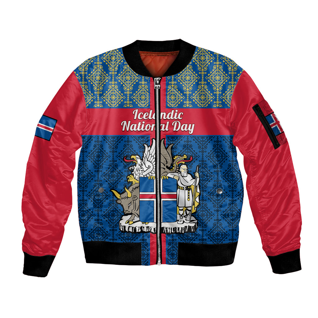 personalised-17-june-iceland-national-day-sleeve-zip-bomber-jacket-icelandic-folk-pattern