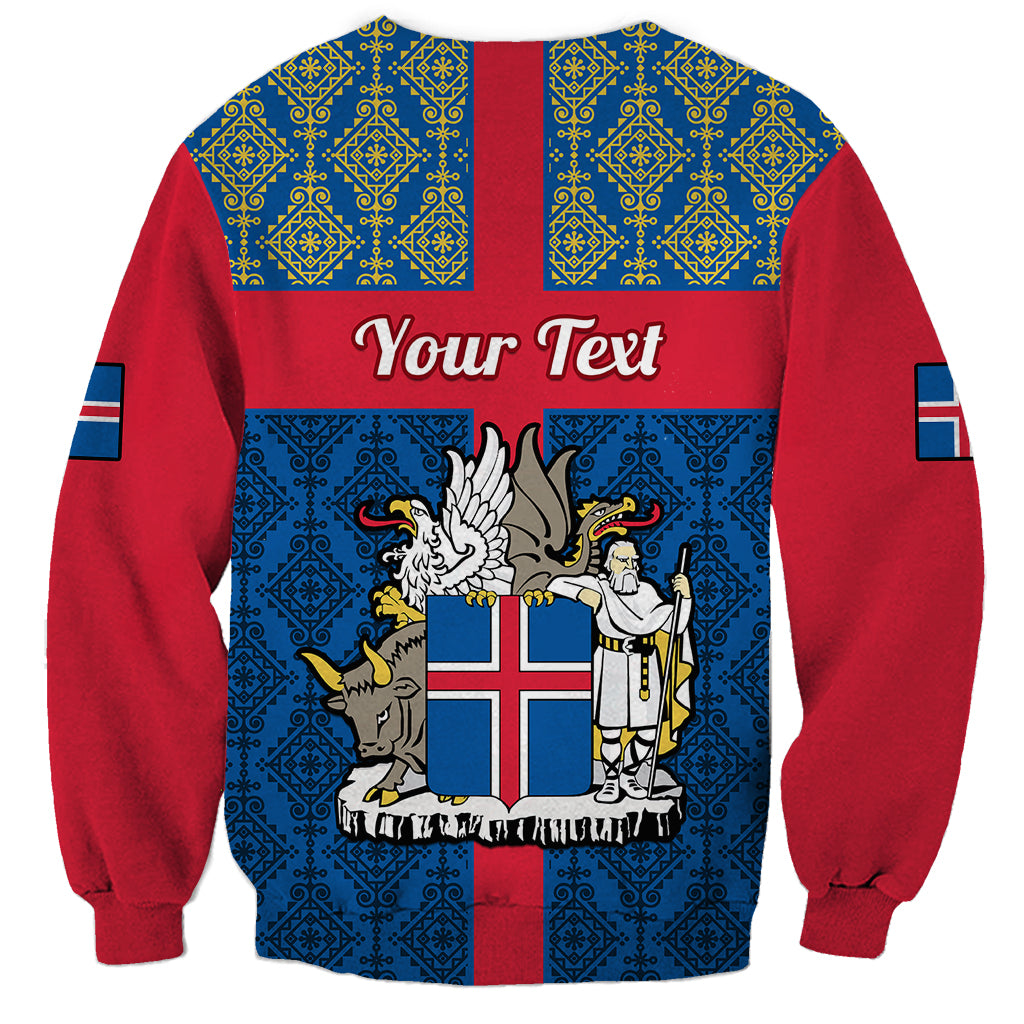 Unisex crewneck sweatshirt, blue/red folk pattern with 'Your Text' headline print