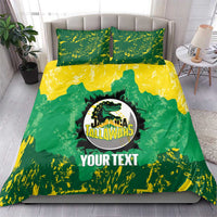 Green and yellow Jamaica Tallawahs bedding set with “YOUR TEXT” and two pillow shams.