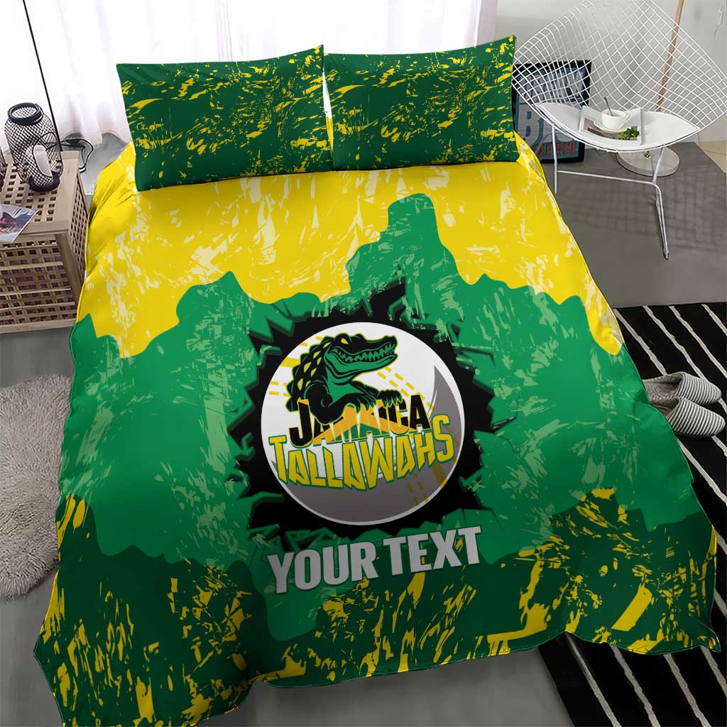 Green and yellow Jamaica Tallawahs duvet set with “YOUR TEXT” and two pillow shams.