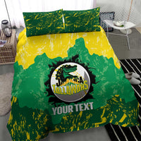 Green and yellow Jamaica Tallawahs duvet set with “YOUR TEXT” and two pillow shams.
