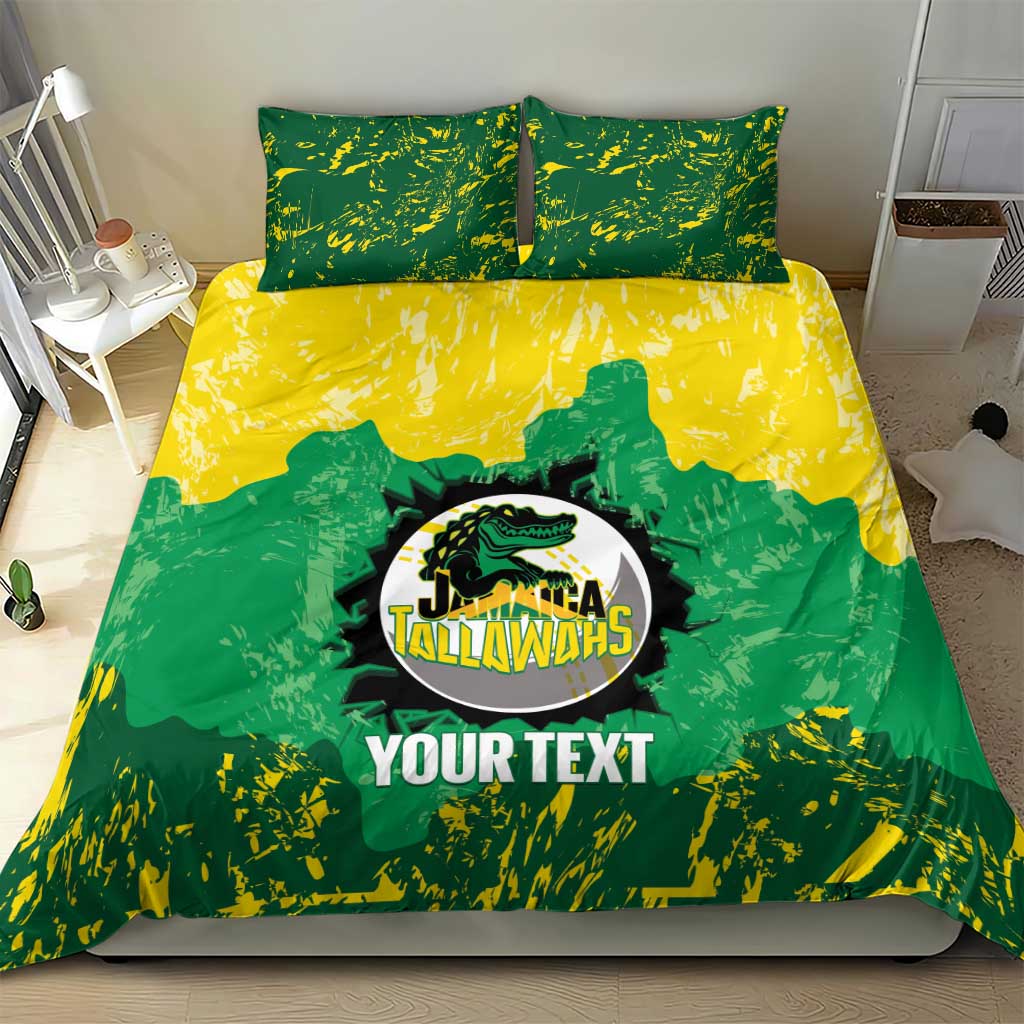 Green and yellow Jamaica Tallawahs bedding set featuring crest and “YOUR TEXT” text.