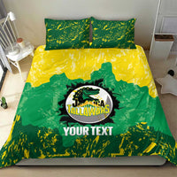 Green and yellow Jamaica Tallawahs bedding set featuring crest and “YOUR TEXT” text.