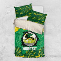 Green and yellow Jamaica Tallawahs duvet with two pillow shams and “YOUR TEXT” print.