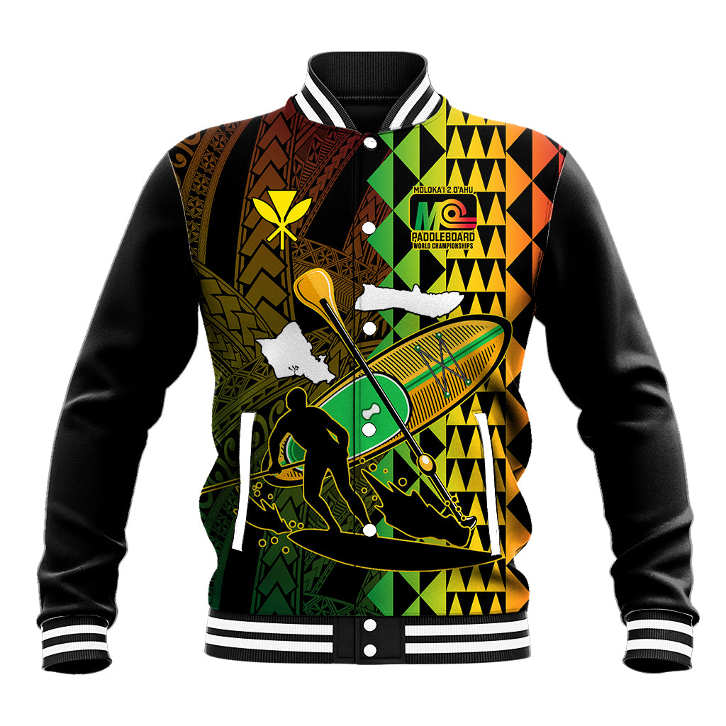 Black unisex baseball jacket with colorful Polynesian paddle and island graphic, snap front