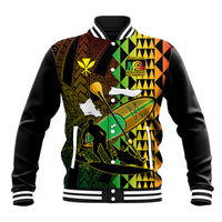 Black unisex baseball jacket with colorful Polynesian paddle and island graphic, snap front