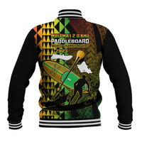 Black unisex baseball jacket, back view, bold green yellow brown event text and paddle graphic