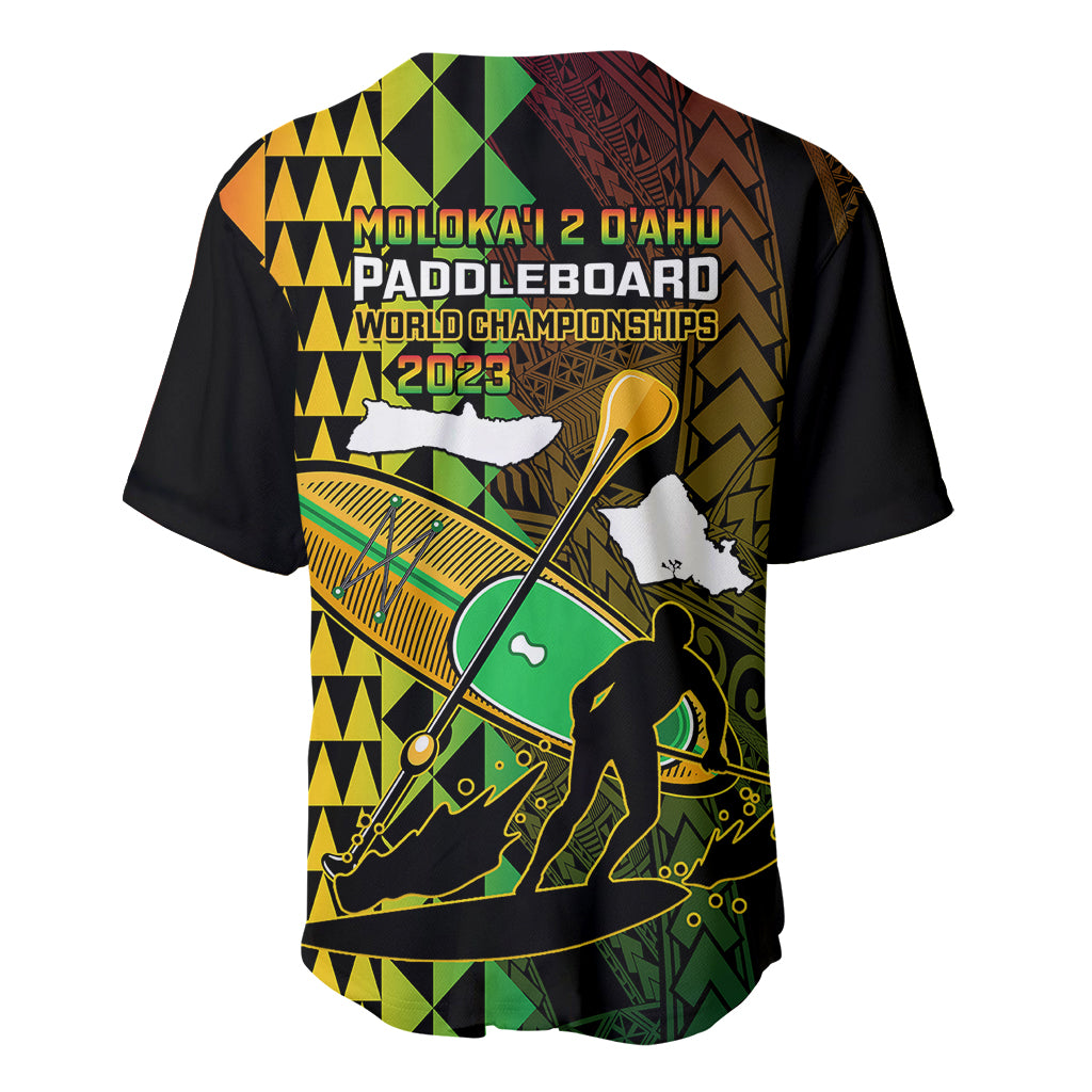 Black baseball jersey with Molokai 2 O'ahu 2023 paddleboard banner graphic, short sleeves