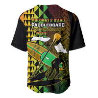 Black baseball jersey with Molokai 2 O'ahu 2023 paddleboard banner graphic, short sleeves