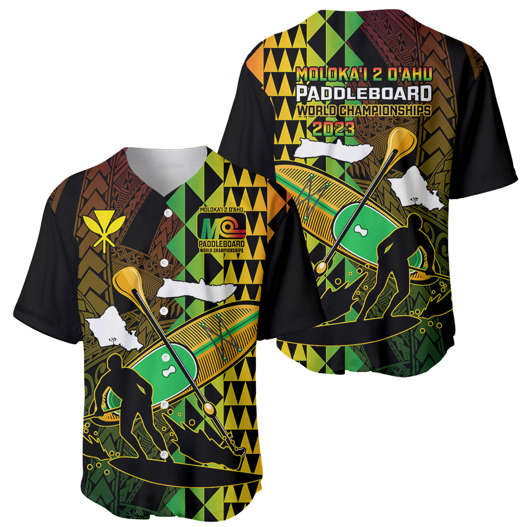 Black baseball jersey with green and yellow paddleboard, white silhouette, zigzag pattern