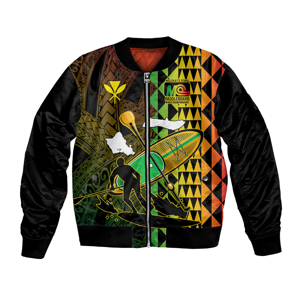 Black unisex bomber jacket with bold paddle-themed graphic front and ribbed cuffs