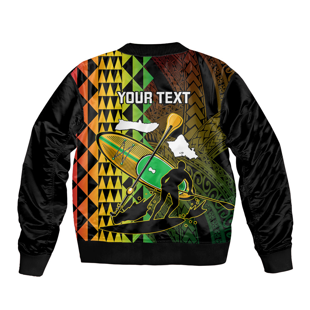 Black unisex bomber jacket with 'YOUR TEXT' paddle-board graphic and ribbed cuffs