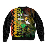 Black unisex bomber jacket with 'YOUR TEXT' paddle-board graphic and ribbed cuffs