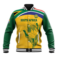 South Africa yellow and green varsity baseball jacket with striped collar and protea graphic