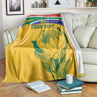 Cricket fan blanket, yellow with South Africa stripes, 'YOUR TEXT' and Proteas crest