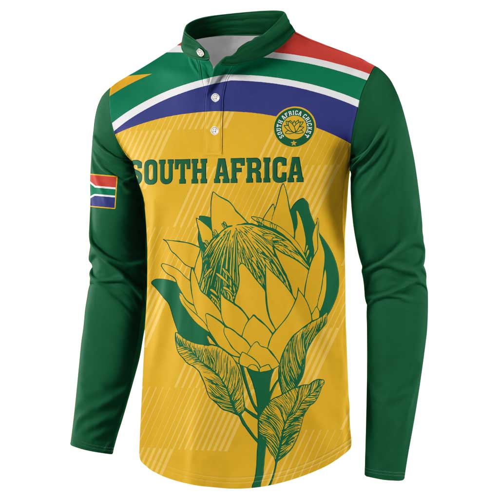 Long-sleeve South Africa cricket jersey, yellow chest with protea illustration and crest