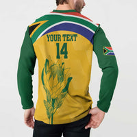 Back view long-sleeve cricket jersey, yellow center with YOUR TEXT 14 and green stripes