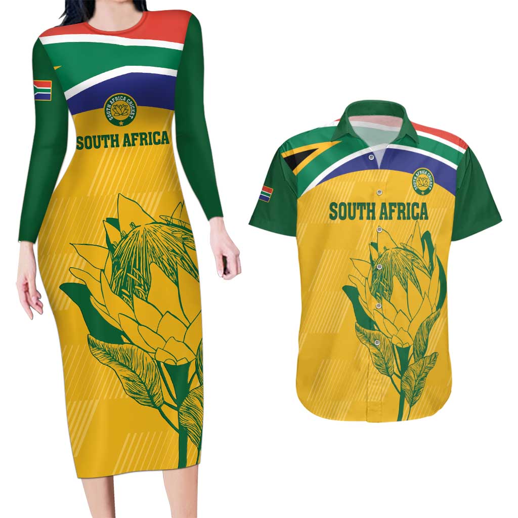 Custom South Africa Cricket Couples Matching Long Sleeve Bodycon Dress and Hawaiian Shirt Go Champions World Cup Proteas - Wonder Print Shop