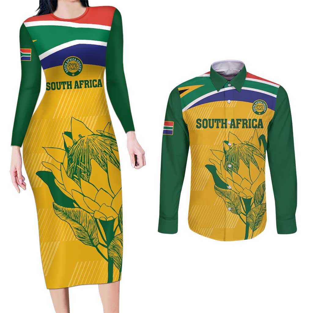 Custom South Africa Cricket Couples Matching Long Sleeve Bodycon Dress and Long Sleeve Button Shirt Go Champions World Cup Proteas - Wonder Print Shop