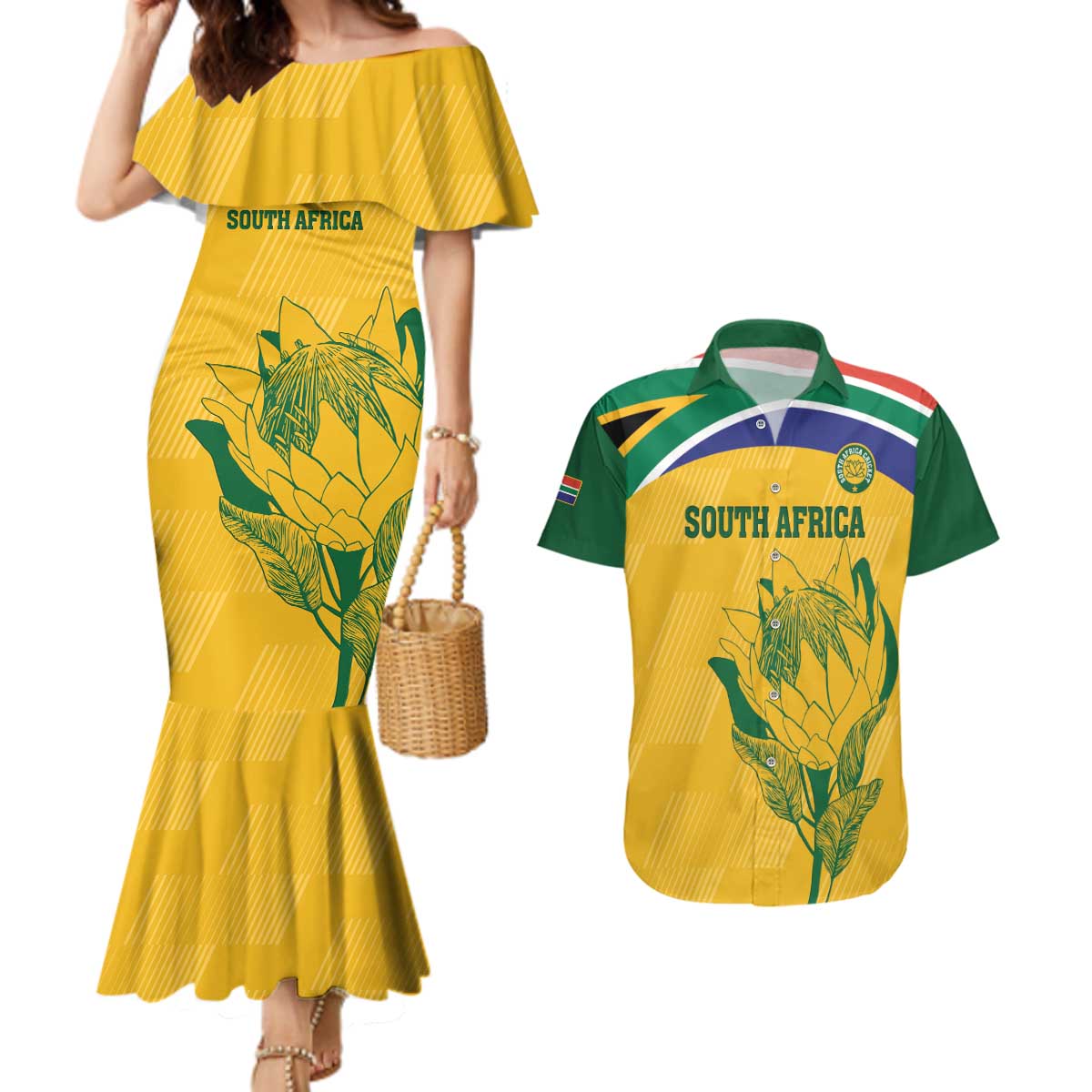 Custom South Africa Cricket Couples Matching Mermaid Dress and Hawaiian Shirt Go Champions World Cup Proteas - Wonder Print Shop