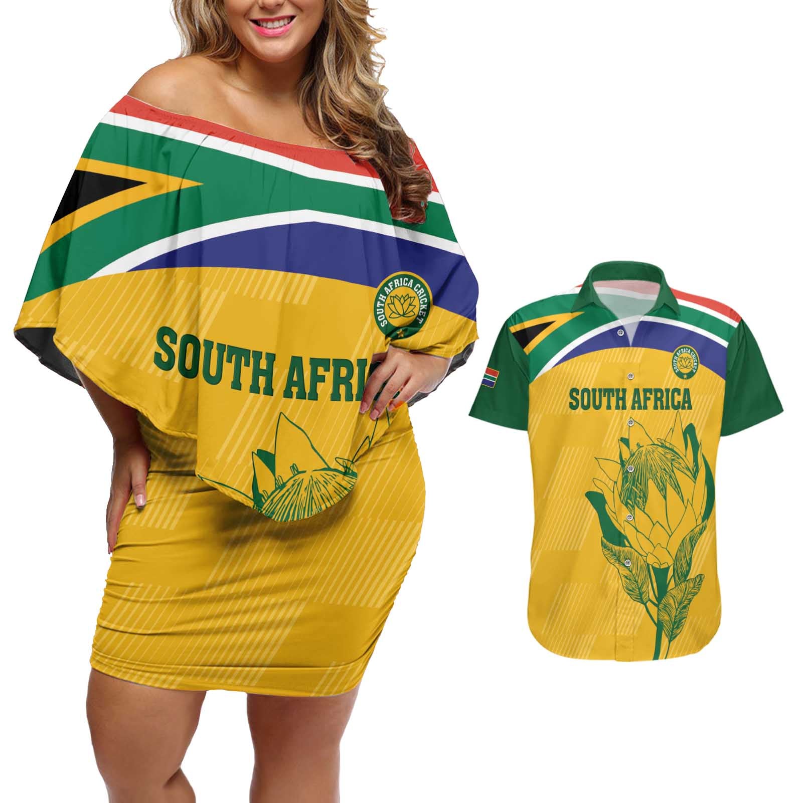 Custom South Africa Cricket Couples Matching Off Shoulder Short Dress and Hawaiian Shirt Go Champions World Cup Proteas - Wonder Print Shop