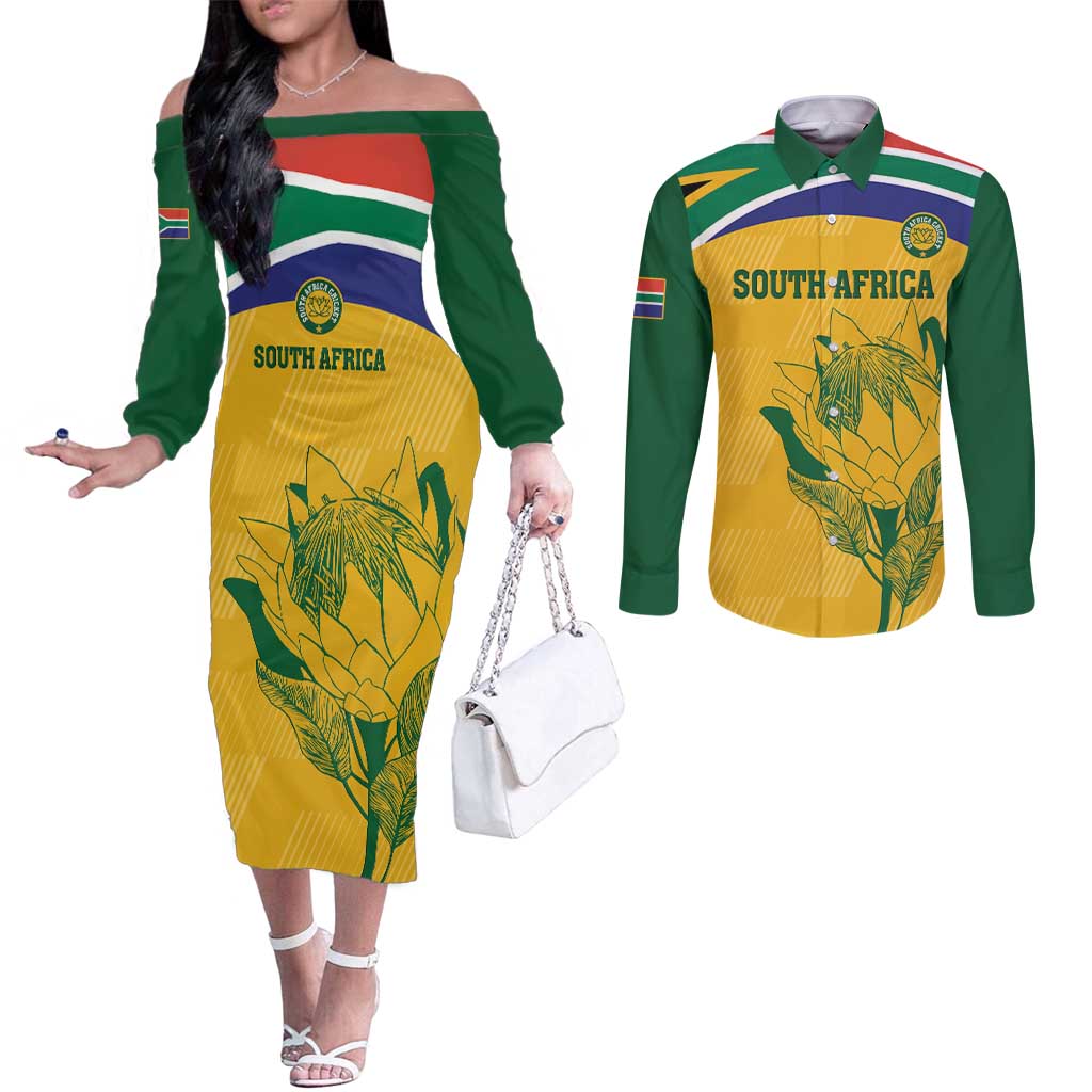 Custom South Africa Cricket Couples Matching Off The Shoulder Long Sleeve Dress and Long Sleeve Button Shirt Go Champions World Cup Proteas