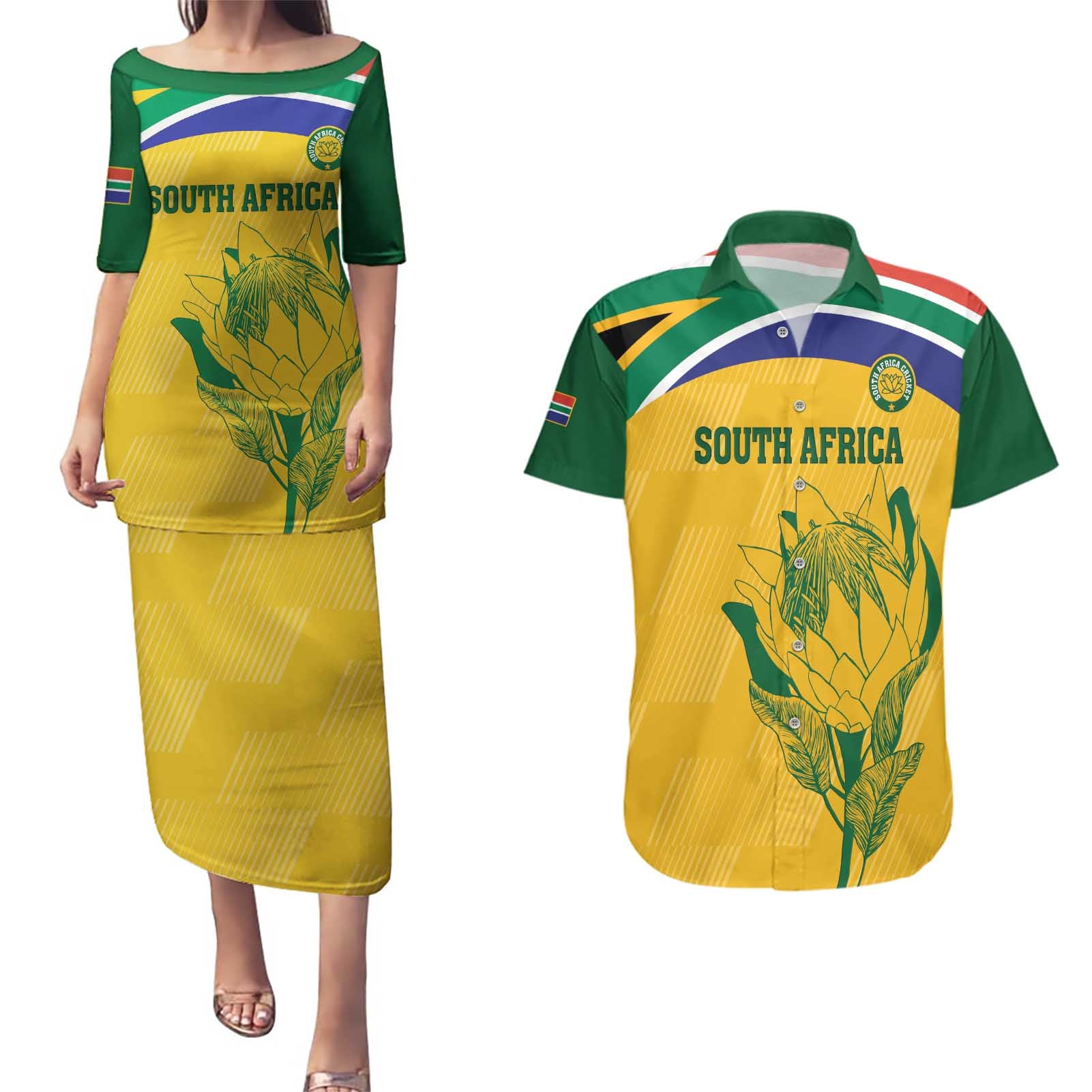 Custom South Africa Cricket Couples Matching Puletasi and Hawaiian Shirt Go Champions World Cup Proteas - Wonder Print Shop