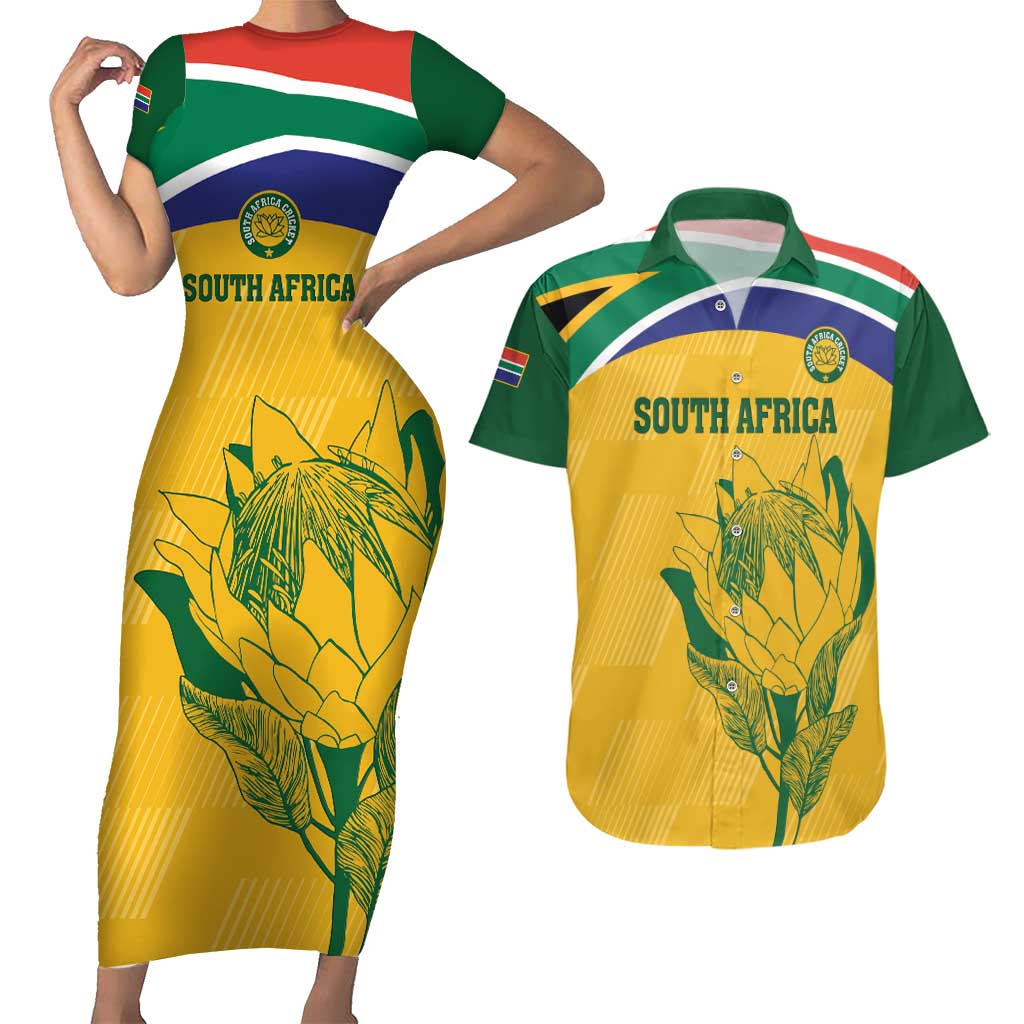 Custom South Africa Cricket Couples Matching Short Sleeve Bodycon Dress and Hawaiian Shirt Go Champions World Cup Proteas - Wonder Print Shop