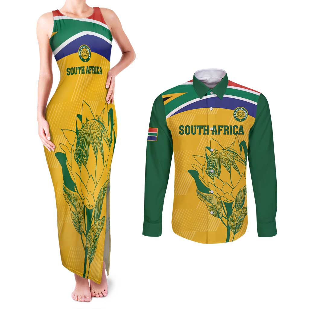 Custom South Africa Cricket Couples Matching Tank Maxi Dress and Long Sleeve Button Shirt Go Champions World Cup Proteas - Wonder Print Shop