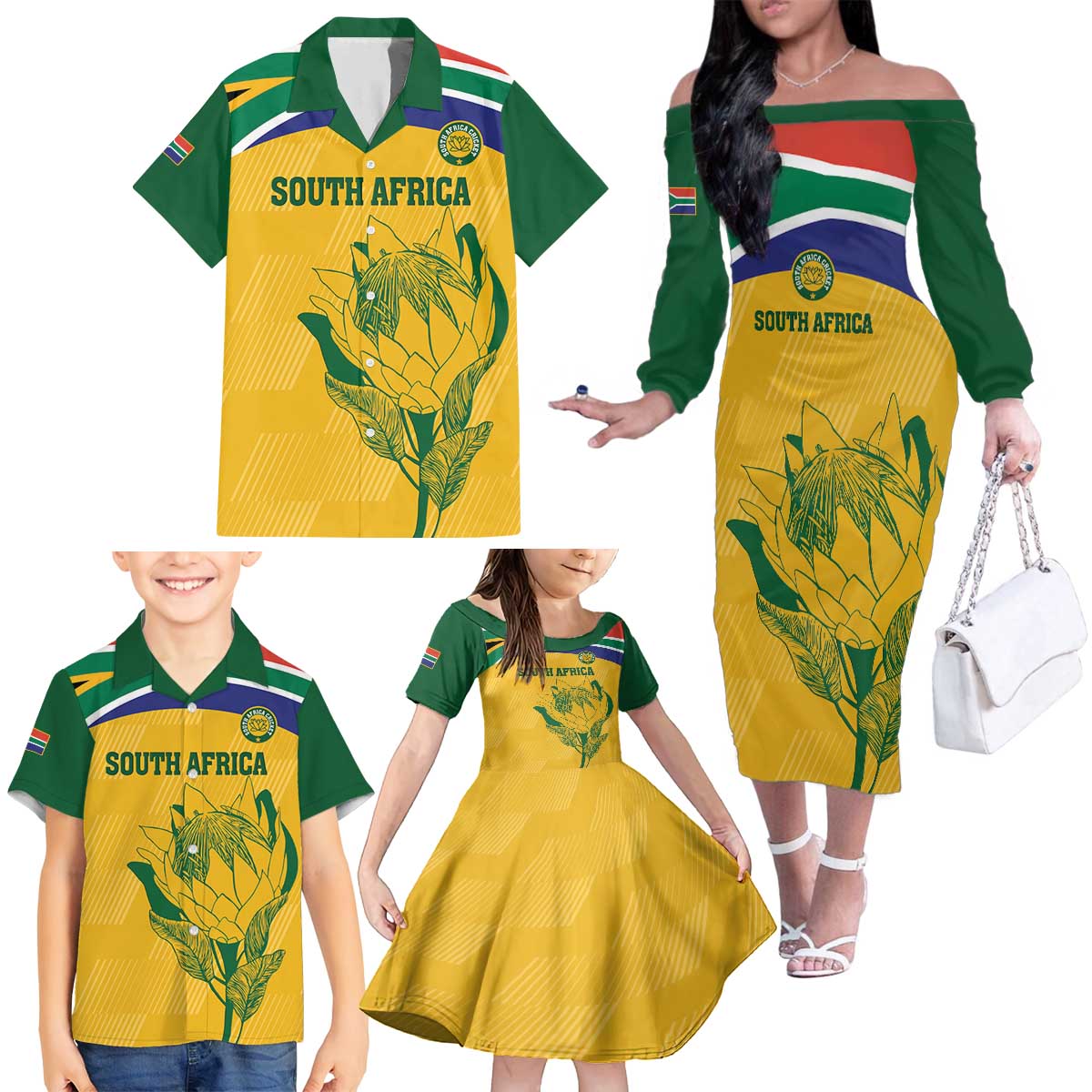 Custom South Africa Cricket Family Matching Off The Shoulder Long Sleeve Dress and Hawaiian Shirt Go Champions World Cup Proteas - Wonder Print Shop