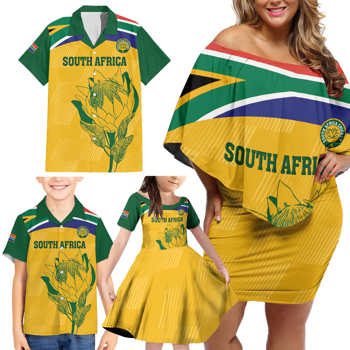 Custom South Africa Cricket Family Matching Off Shoulder Short Dress and Hawaiian Shirt Go Champions World Cup Proteas - Wonder Print Shop