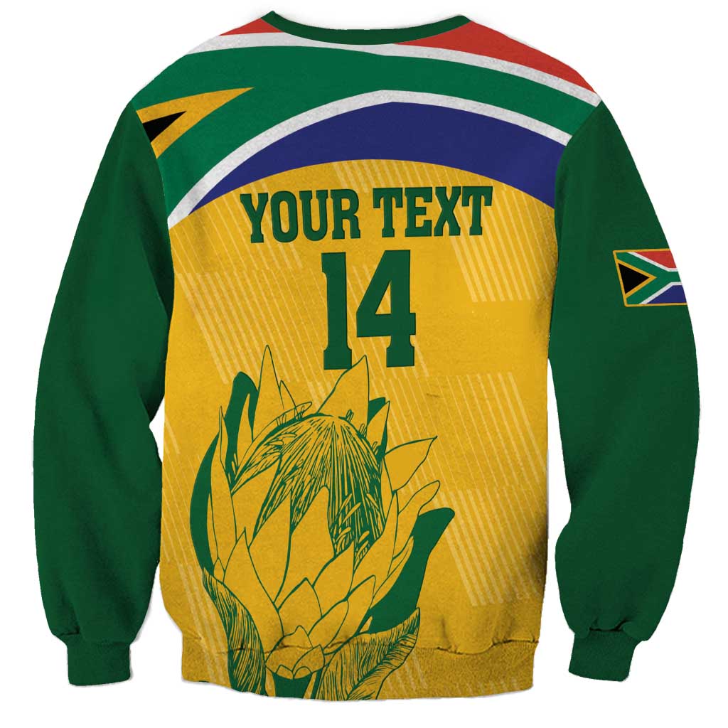 Green and yellow unisex cricket sweatshirt, back with number 14 and Proteas graphic