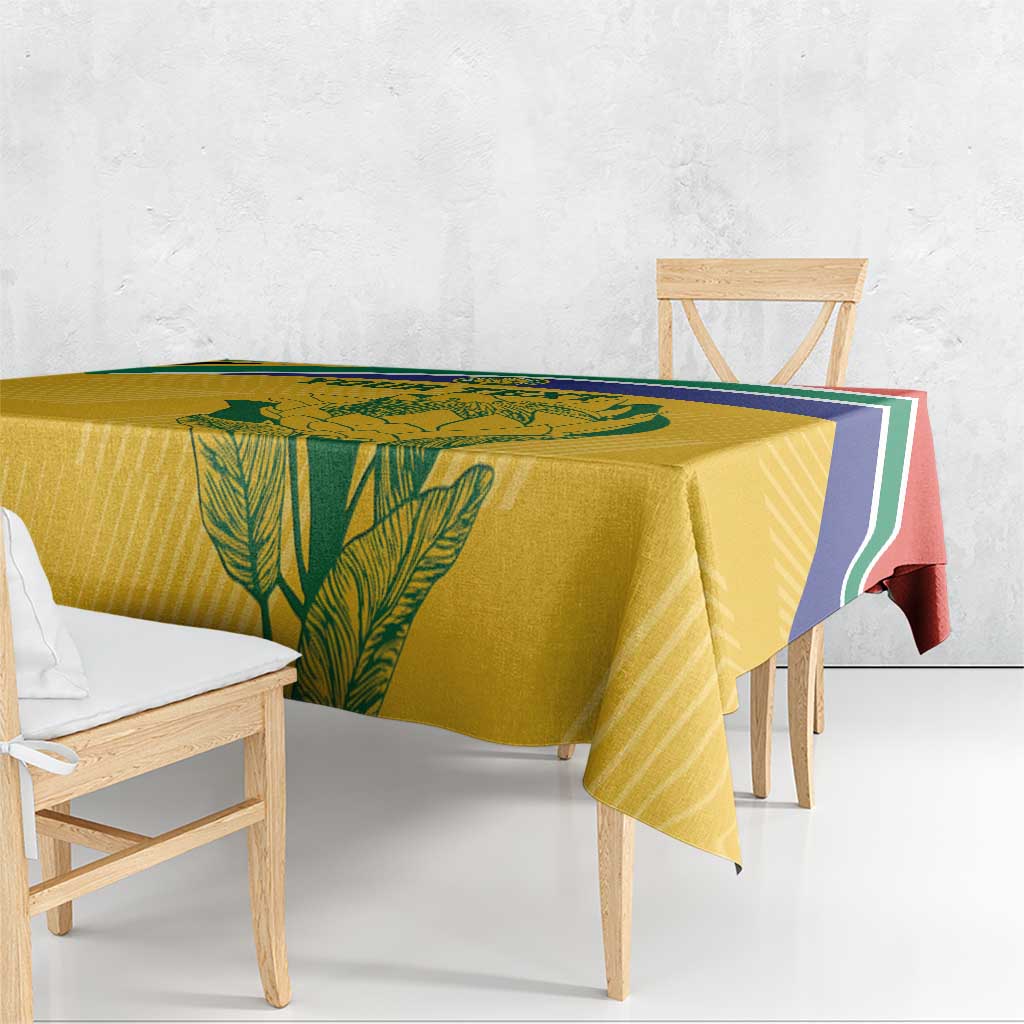 South Africa cricket tablecloth, yellow with green leaf print and multicolor stripe drape