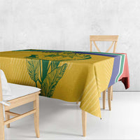 South Africa cricket tablecloth, yellow with green leaf print and multicolor stripe drape