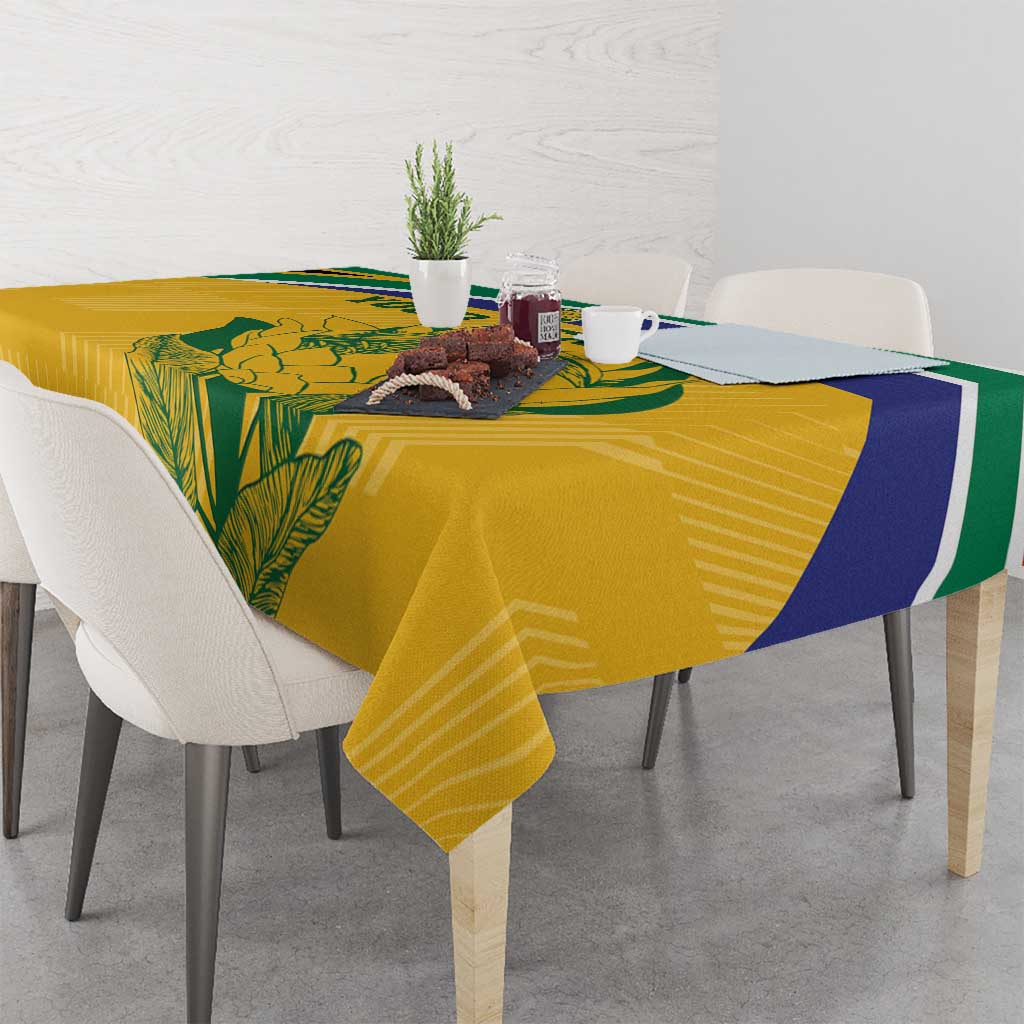 South Africa cricket tablecloth, yellow with green leaf print and blue-green-red stripe edge