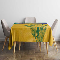South Africa cricket tablecloth on round table, yellow leaf motif with blue-green-red border