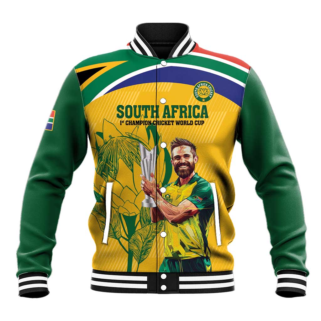 South Africa cricket baseball jacket with green sleeves, yellow front and 'SOUTH AFRICA' graphic