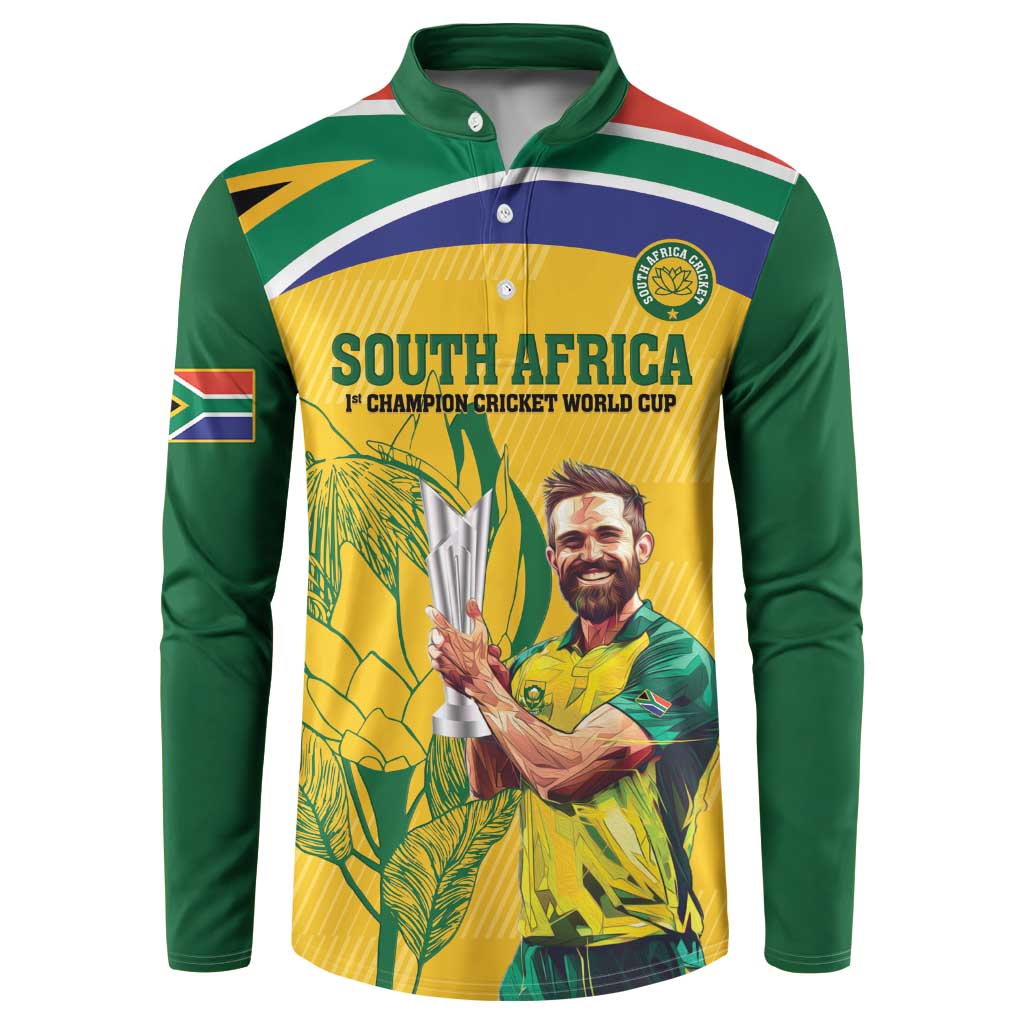 Green and yellow button-up cricket sweatshirt with South Africa graphic front