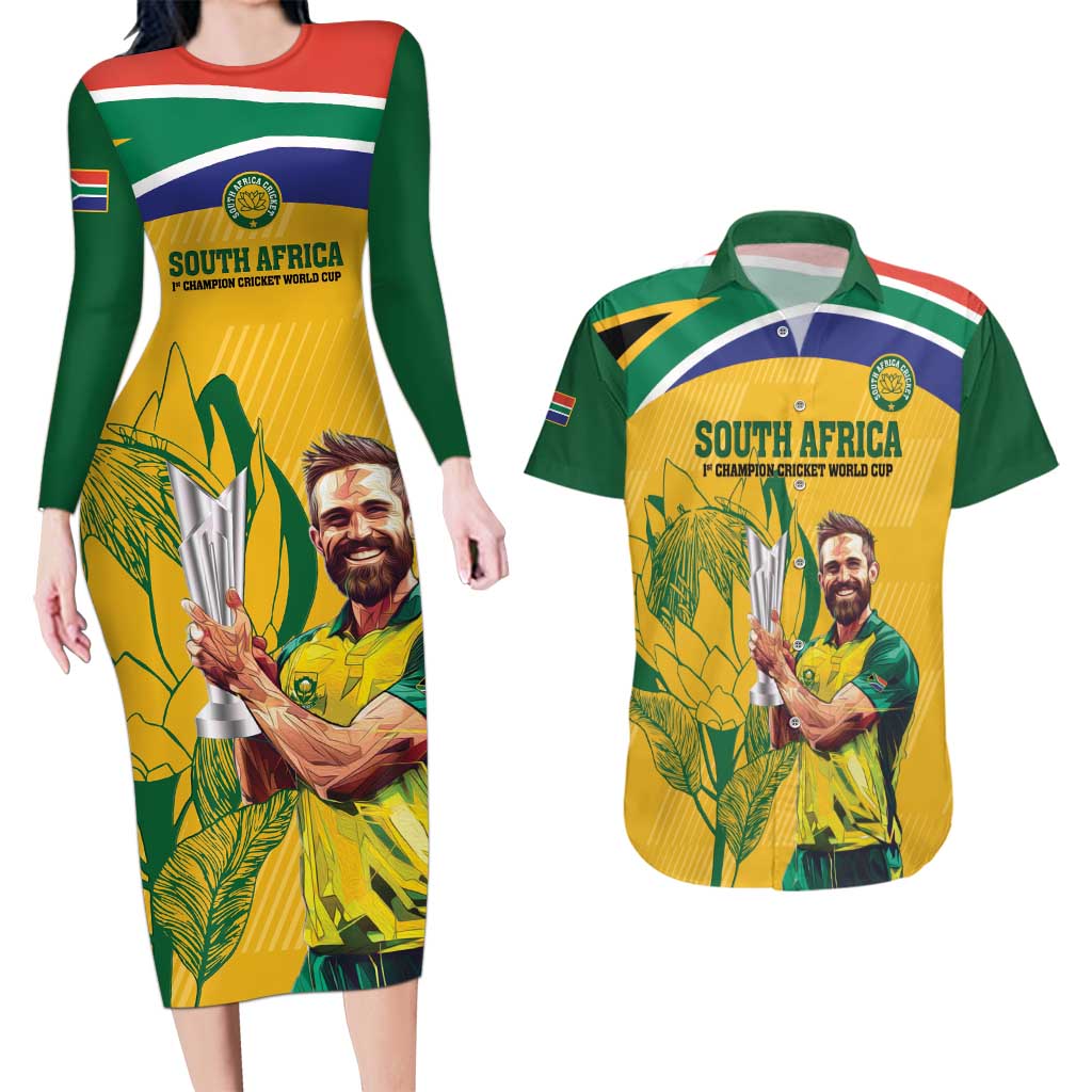 South Africa Cricket Couples Matching Long Sleeve Bodycon Dress and Hawaiian Shirt 1st Champions World Cup Proud Of Our Boys - Wonder Print Shop