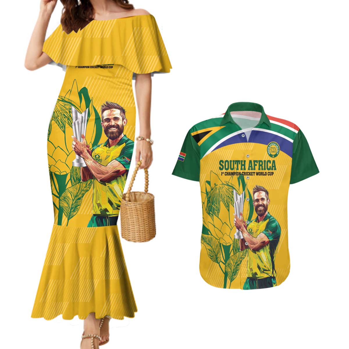 South Africa Cricket Couples Matching Mermaid Dress and Hawaiian Shirt 1st Champions World Cup Proud Of Our Boys - Wonder Print Shop